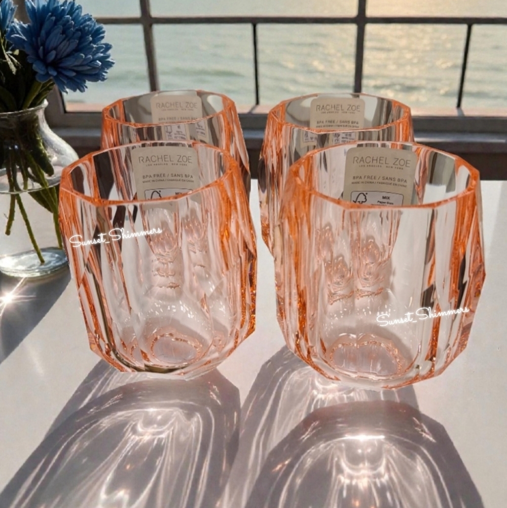 RACHEL ZOE 4pc set Peach Colored Acrylic Crystal Tumbler Cup Drink Glasses NEW